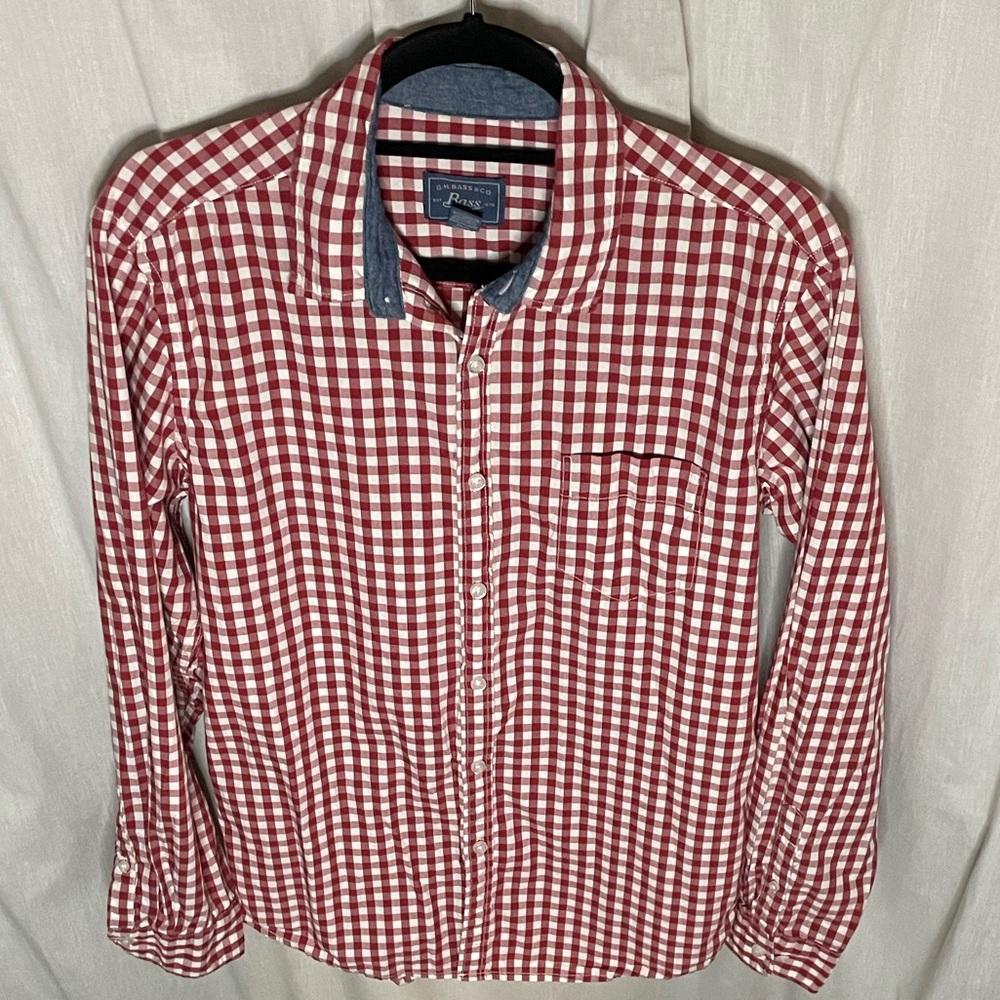 Bass Red & White Checked 100% Cotton Button-Up Long Sleeve Shirt RN 69426 - Picture 14 of 14